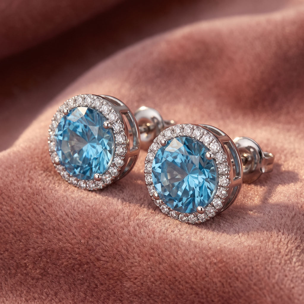 18K Halo Diamond Earrings — AI cloth, in-house