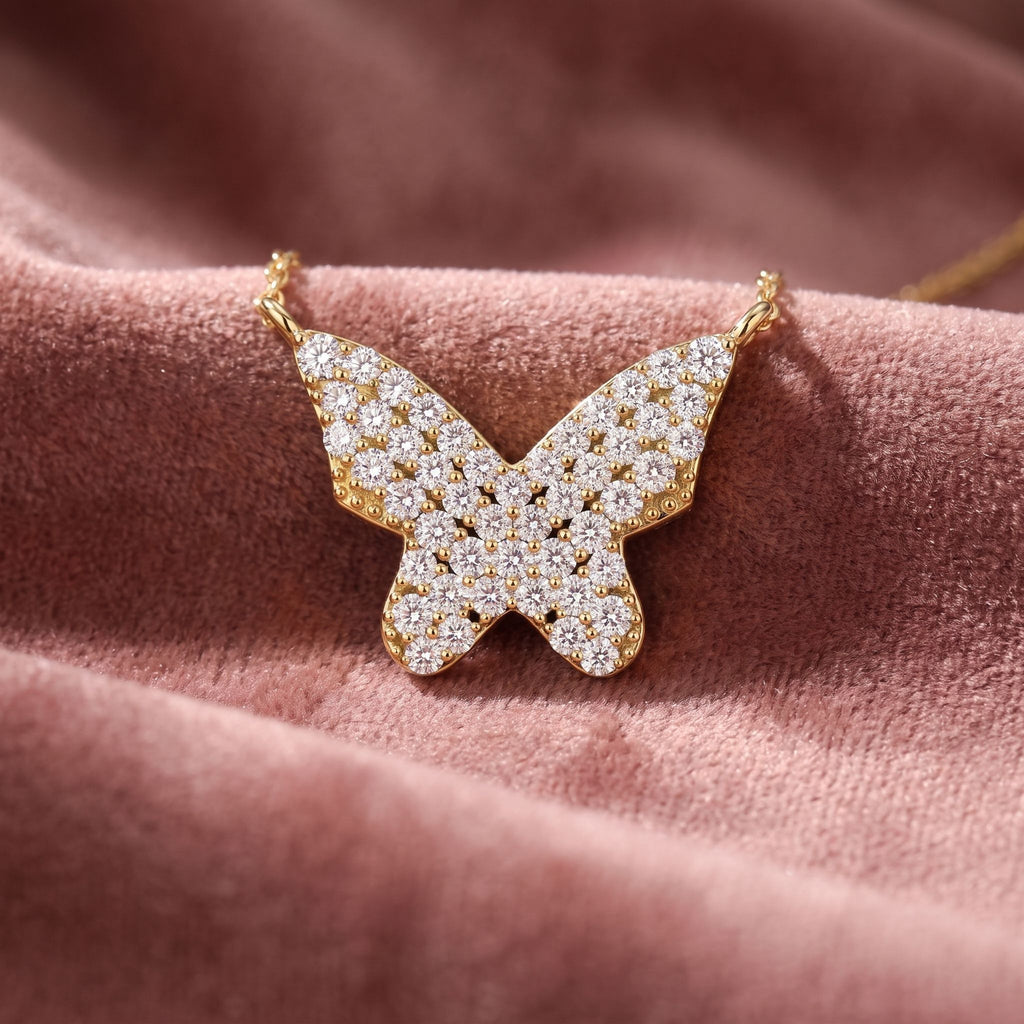 18K Butterfly Round Diamond Pendant — AI cloth, in-house