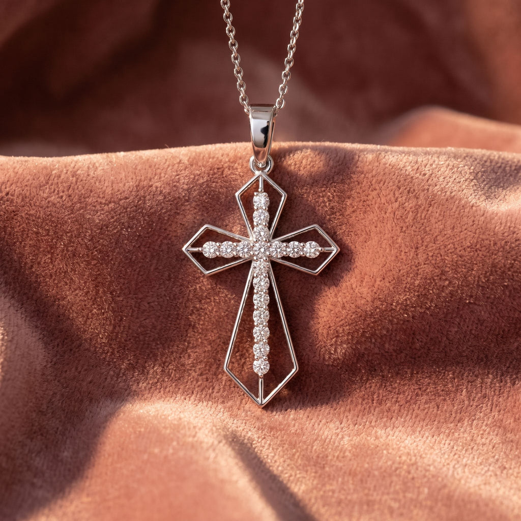 18K Cross Round Diamond Pendant — AI cloth, in-house