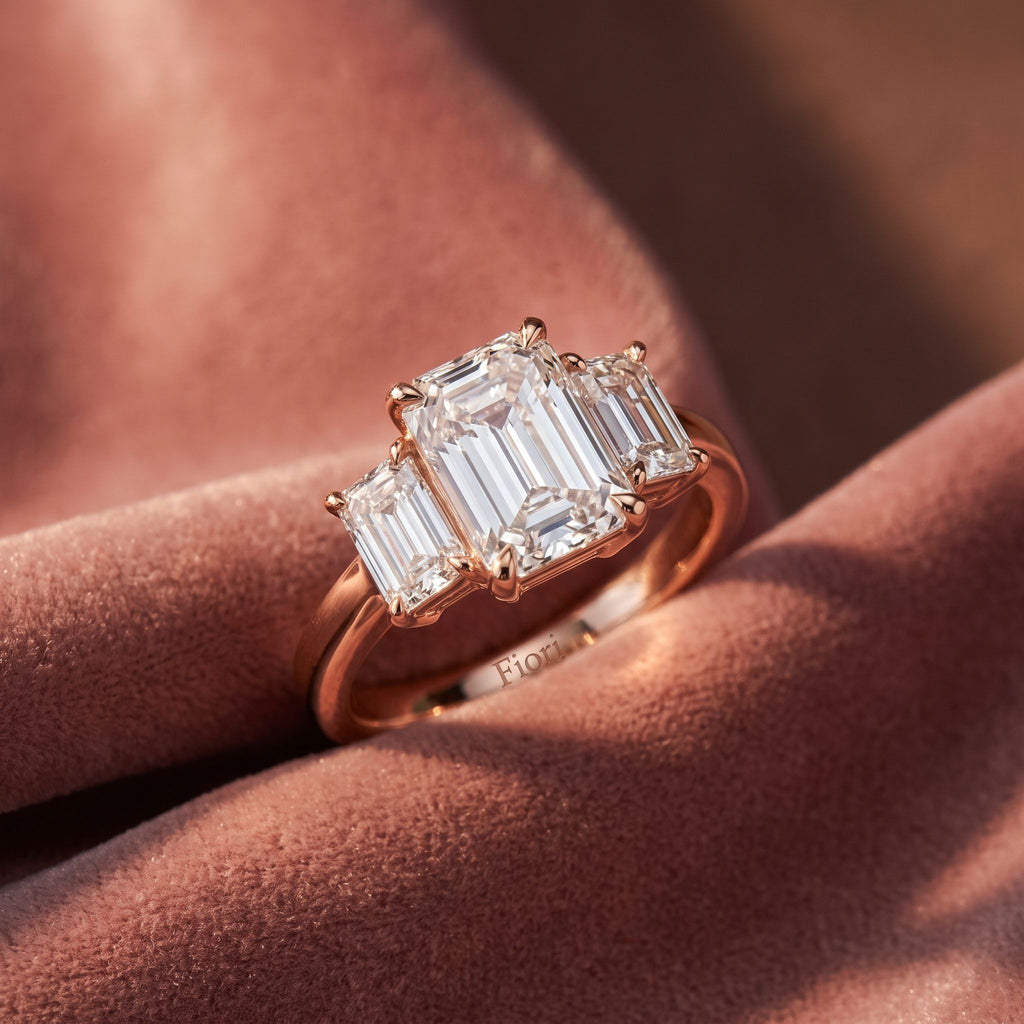 18K Trilogy Emerald Cut Diamond Ring — AI cloth, in-house