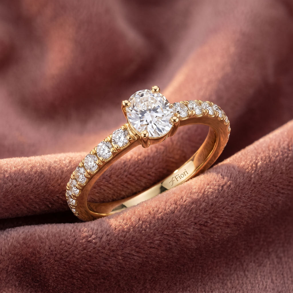 18K Shoulder Set Round Diamond Ring — AI cloth, in-house