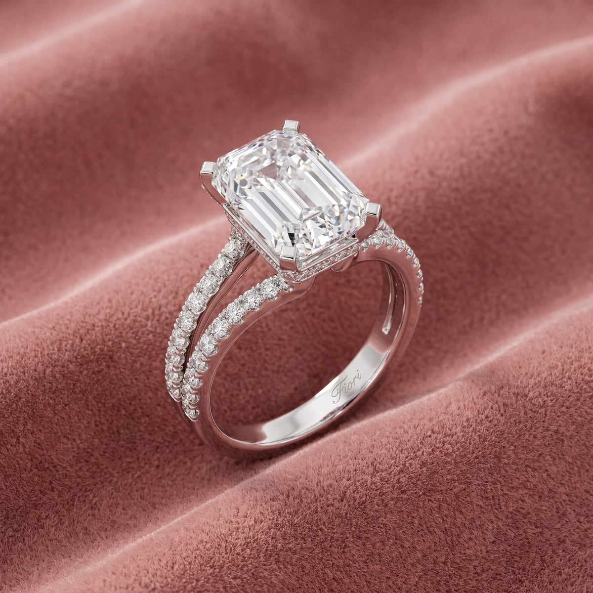 18K Shoulder Set Emerald Cut Diamond Ring — AI cloth, in-house