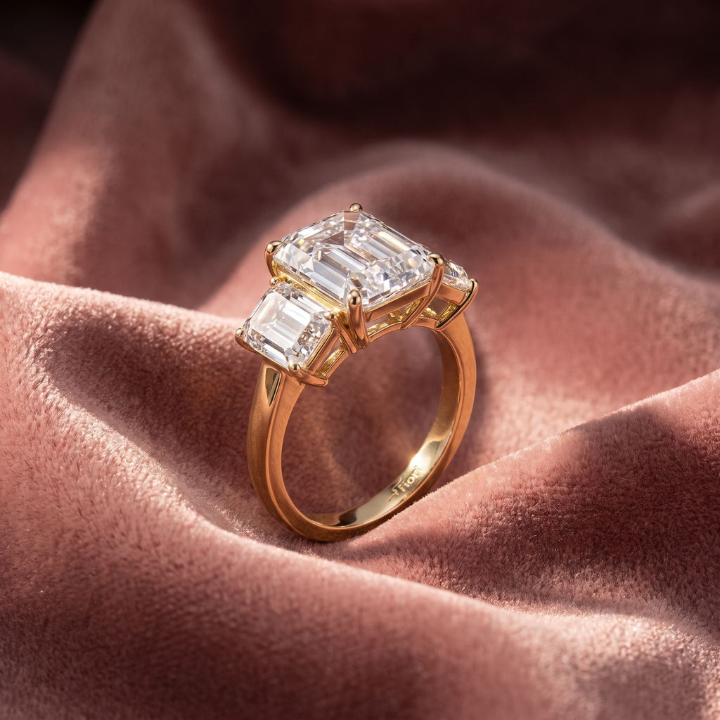 18K Trilogy Emerald-Cut Diamond Ring — AI cloth, in-house