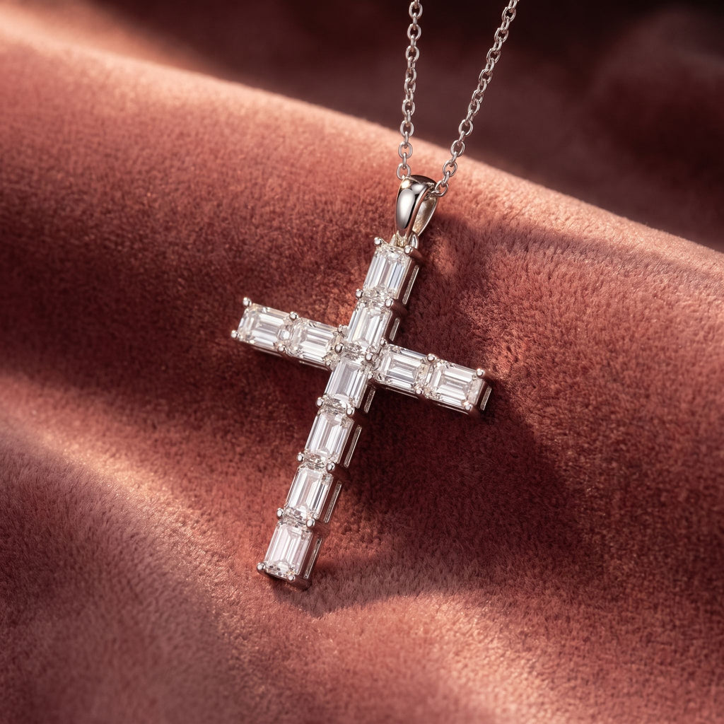 14K Cross Emerald Diamond Pendant — AI cloth, in-house