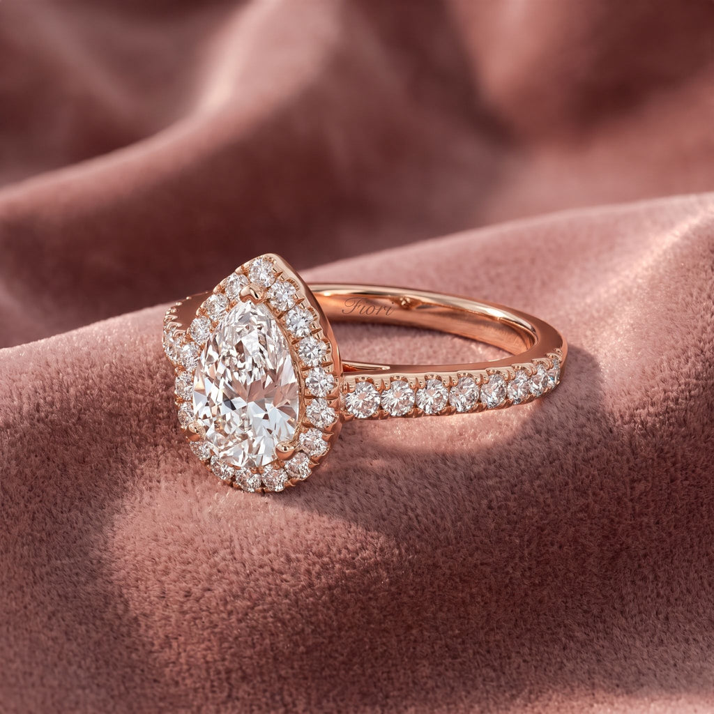 18K Halo Pear Diamond Ring — AI cloth, in-house