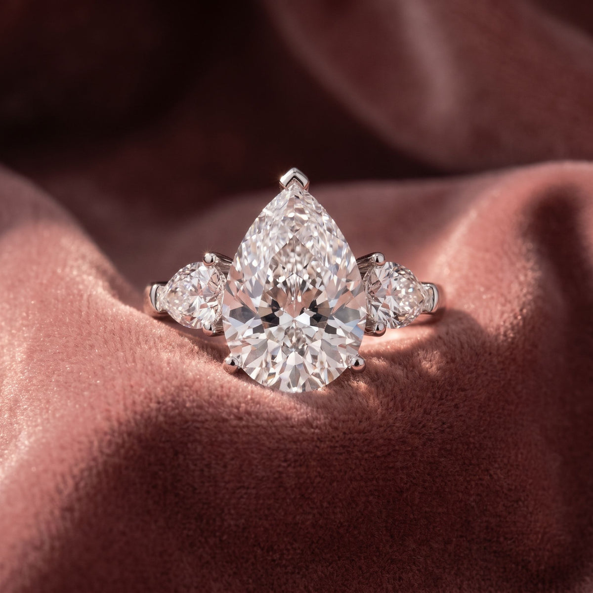 18K Trilogy Pear Diamond Engagement Ring — AI cloth, in-house
