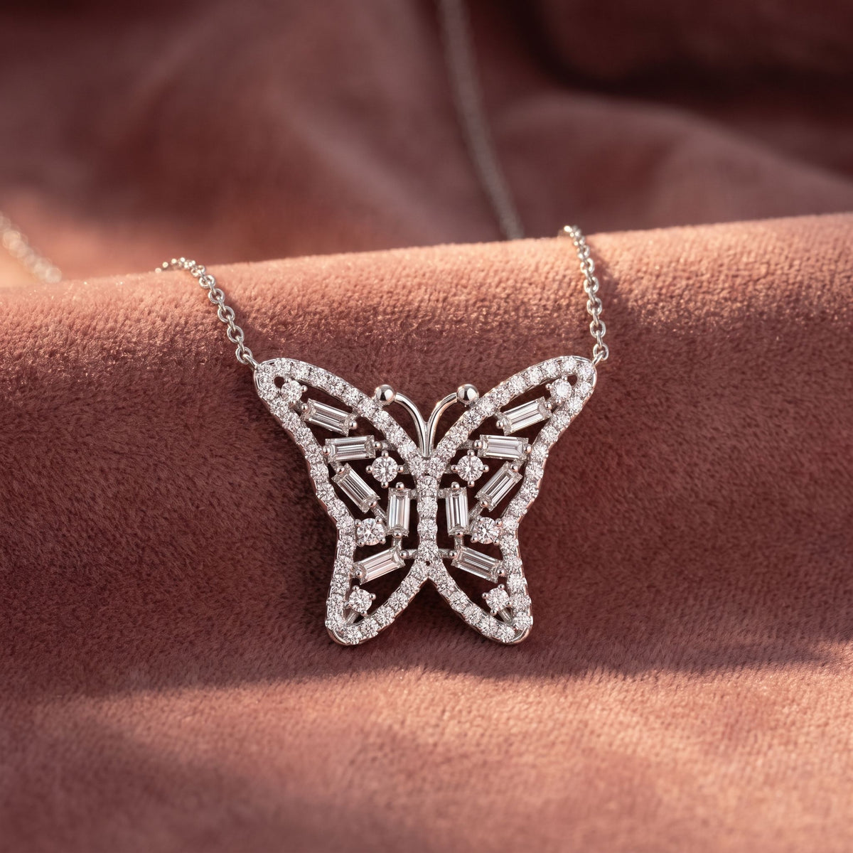18K Butterfly Baguette Diamond Pendant — AI cloth, in-house