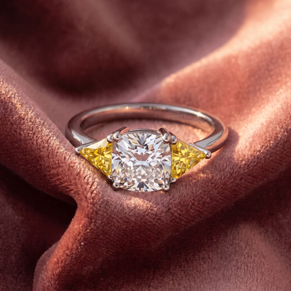 18K Trilogy Cushion Diamond Ring — AI cloth, in-house