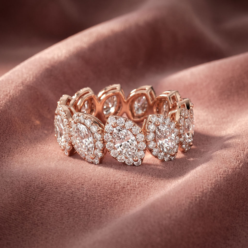 18K Full Eternity Marquise Diamond Halo Ring — AI cloth, in-house
