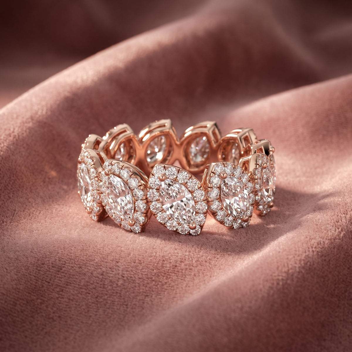 18K Full Eternity Marquise Diamond Halo Ring — AI cloth, in-house