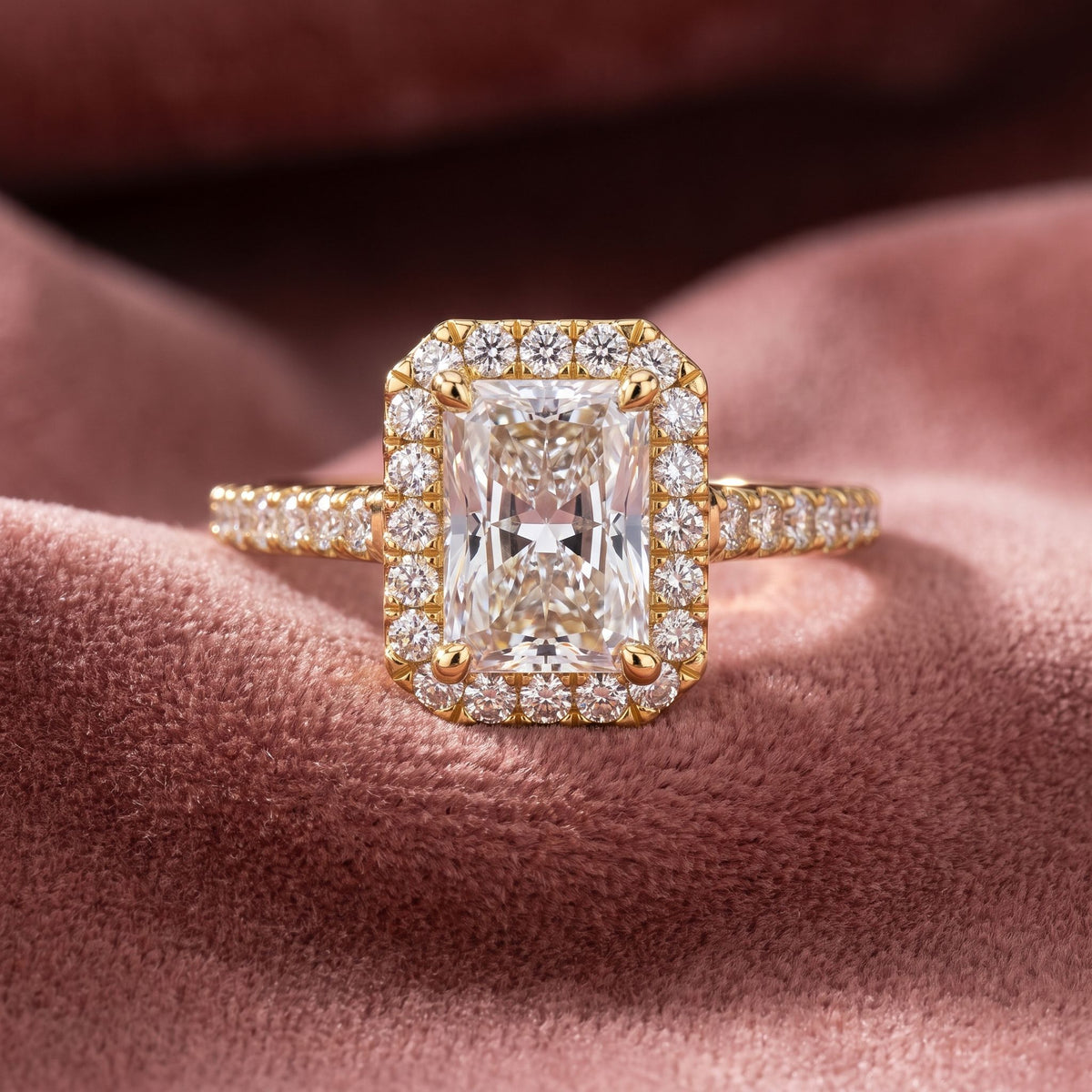 18K Halo Emerald-Cut Diamond Ring — AI cloth, in-house