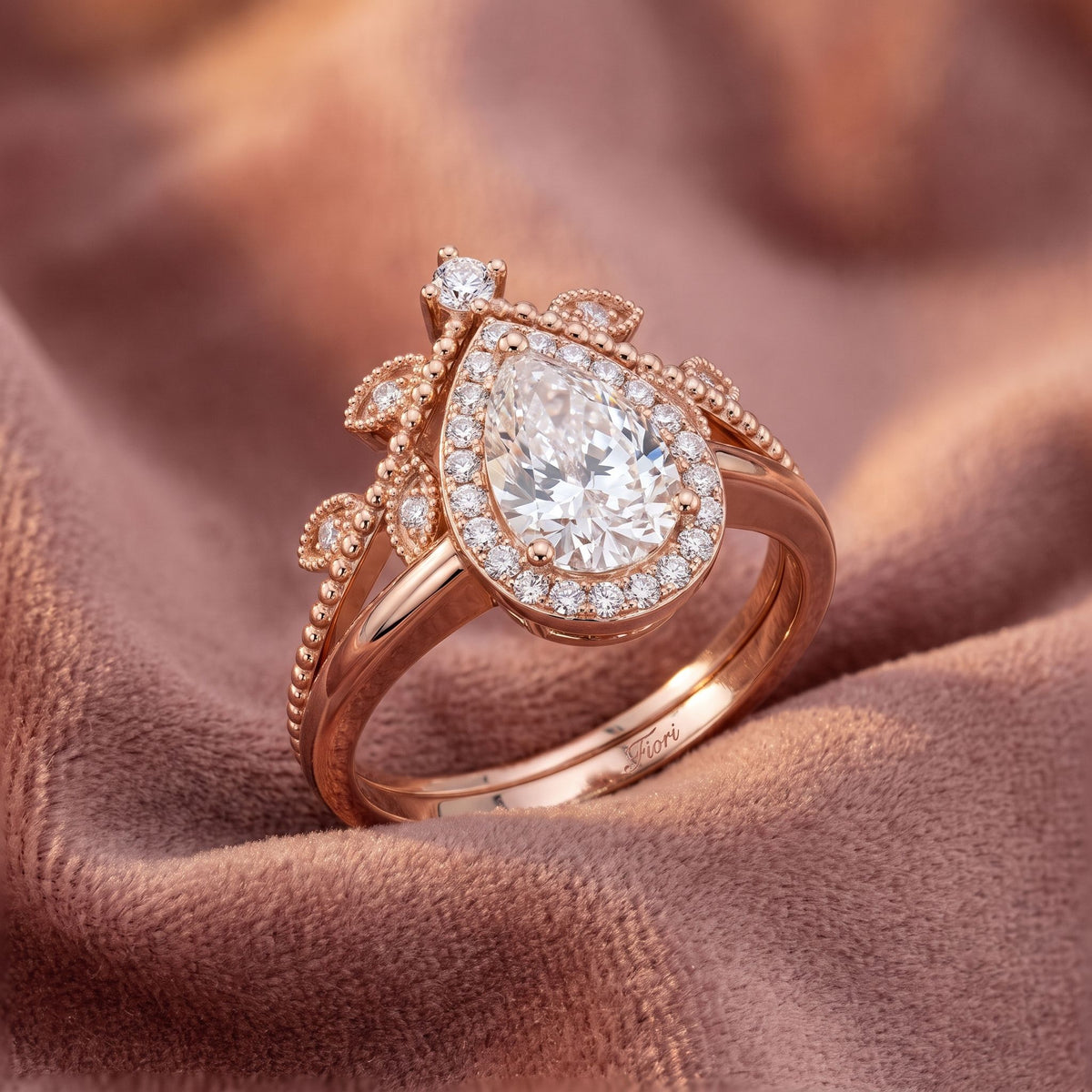 18K Halo Pear Diamond Engagement Ring — AI cloth, in-house