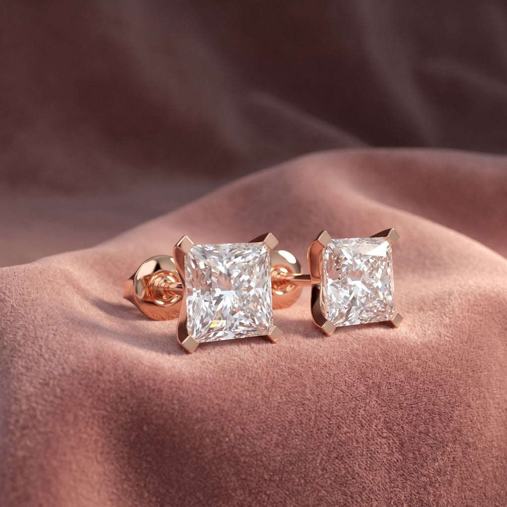 18K Solitaire Princess Diamond Earrings — AI cloth, in-house