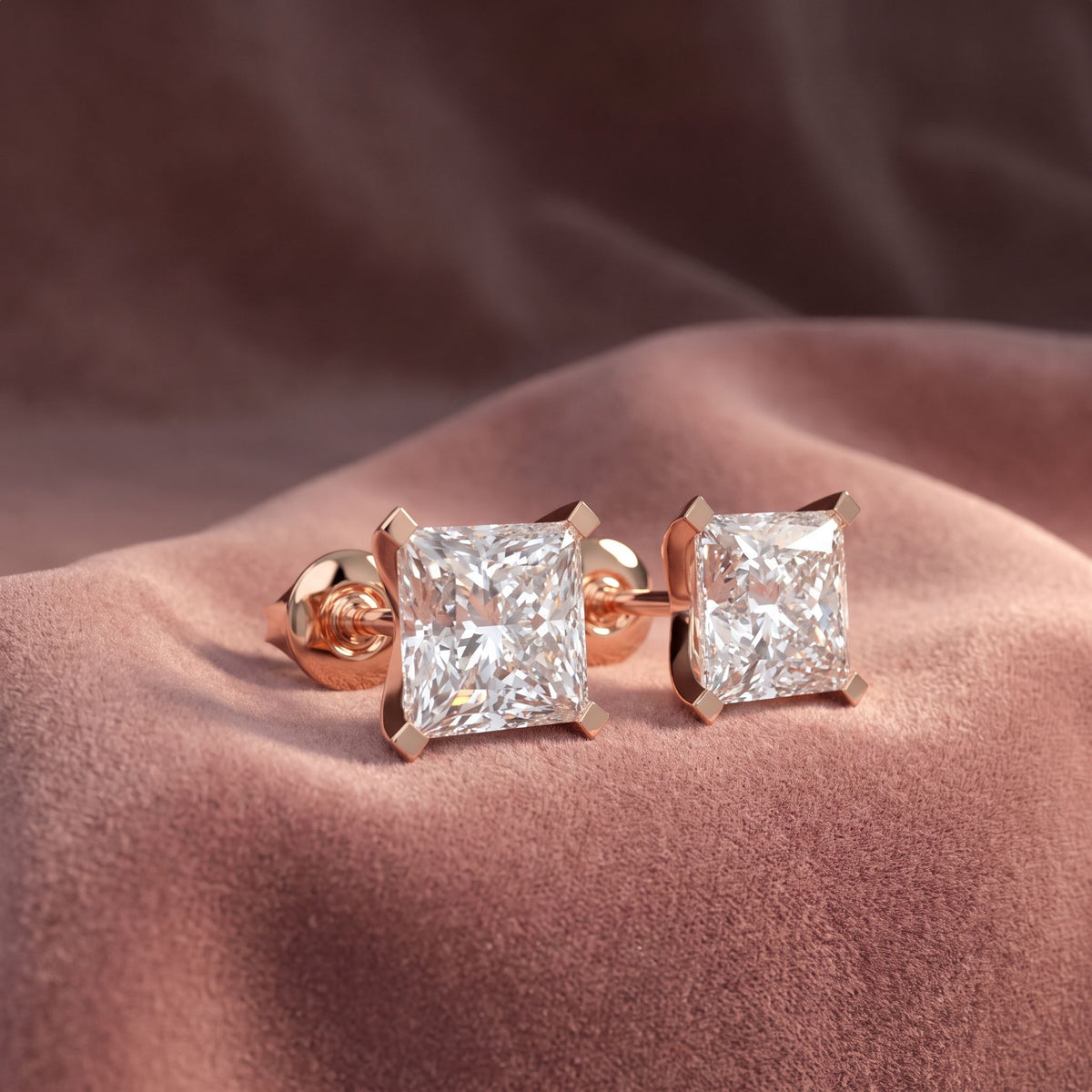 18K Solitaire Princess Diamond Earrings — AI cloth, in-house