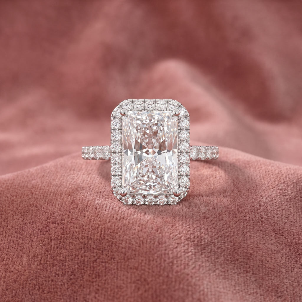 18K Halo Radiant Diamond Ring — AI cloth, in-house
