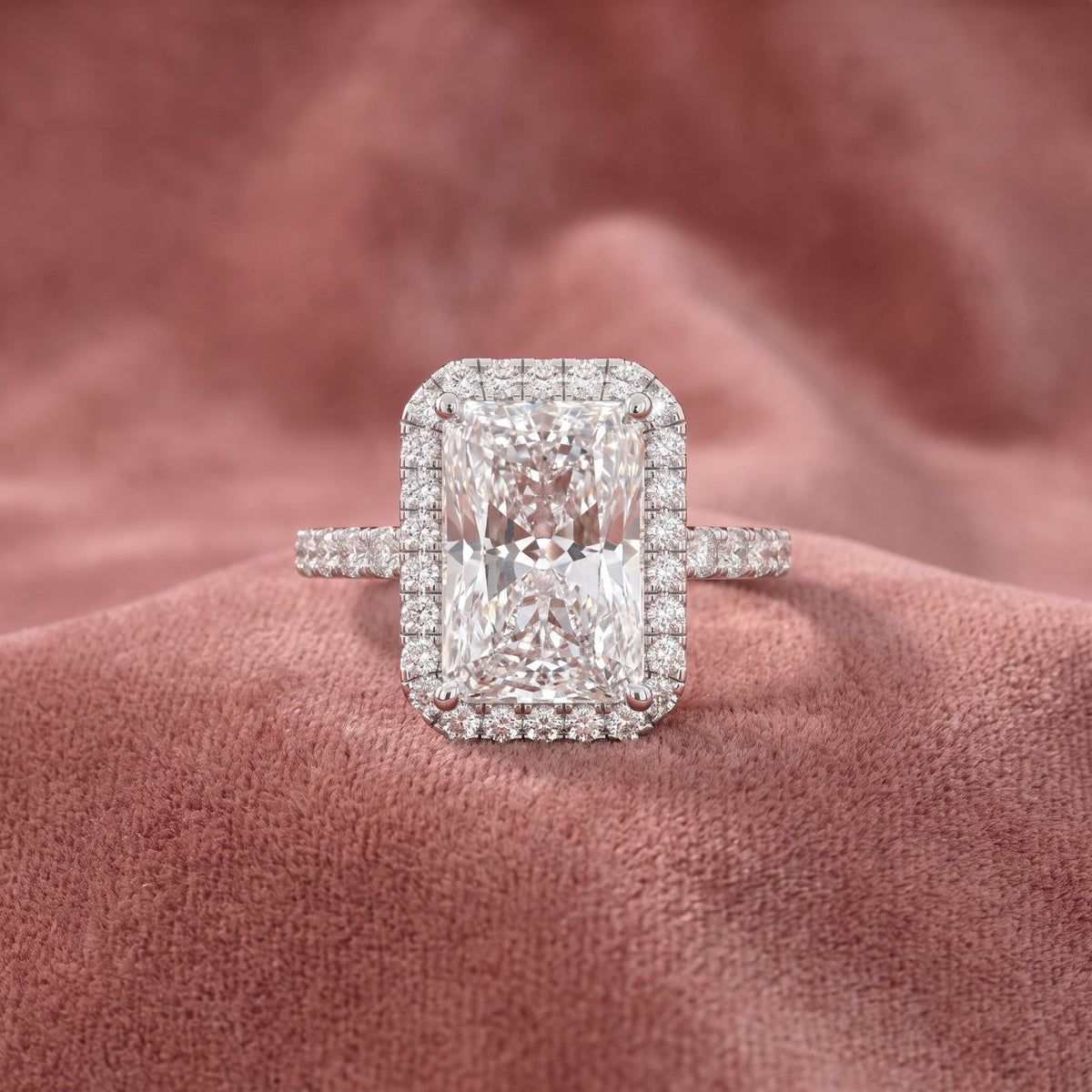 18K Halo Radiant Diamond Ring — AI cloth, in-house