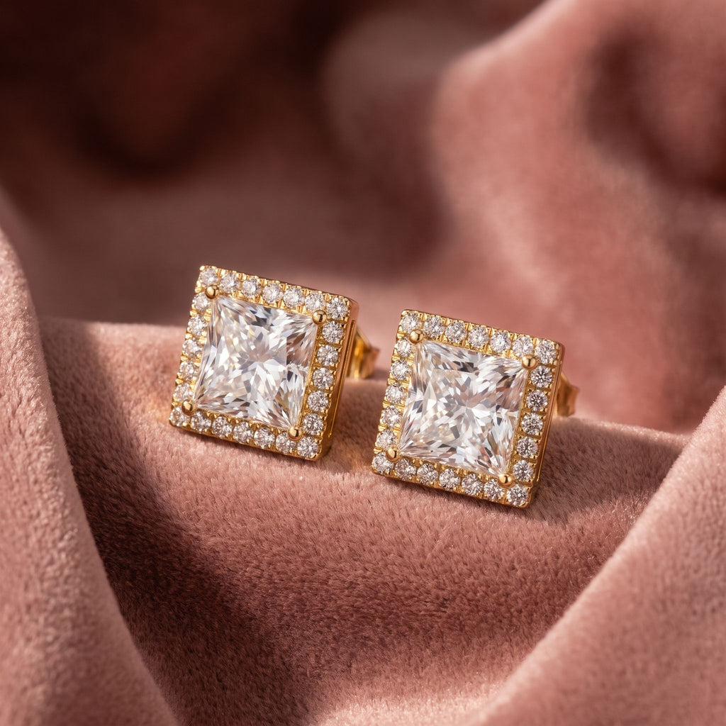 18K Princess Halo Diamond Earrings — AI cloth, in-house