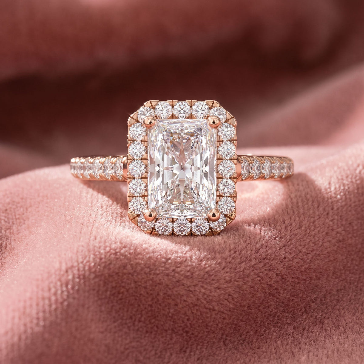 18K Halo Emerald-Cut Diamond Ring — AI cloth, in-house
