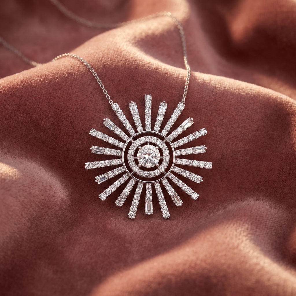 18K Sunburst Diamond Pendant — AI cloth, in-house