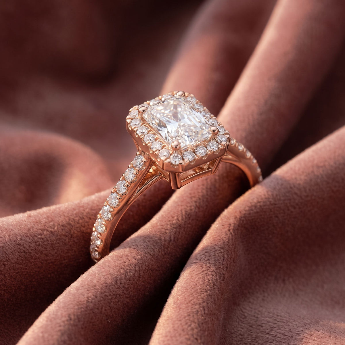18K Halo Emerald-Cut Diamond Ring — AI cloth, in-house