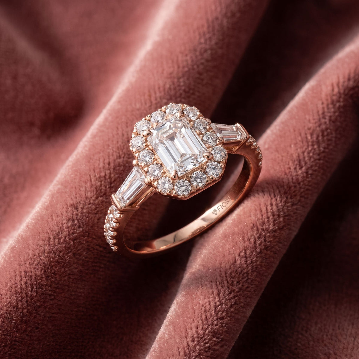 18K Halo Emerald Diamond Ring — AI cloth, in-house