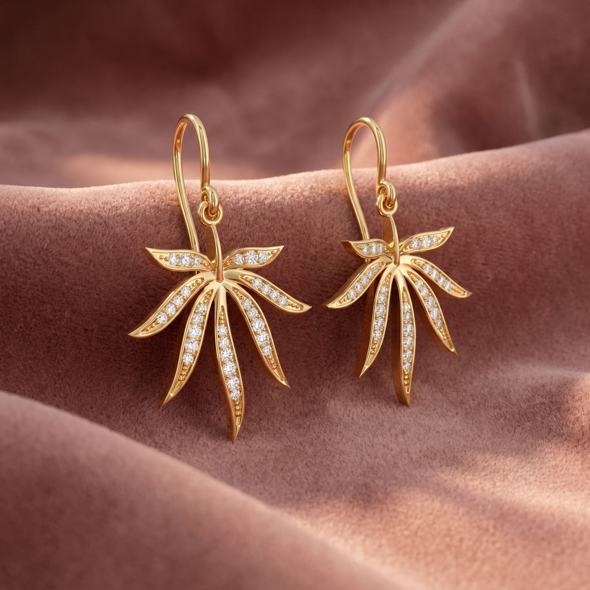 18K Leaf Diamond Drop Earrings — AI cloth, in-house