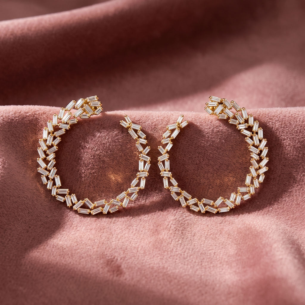 18K Baguette Diamond Moon Earrings — AI cloth, in-house