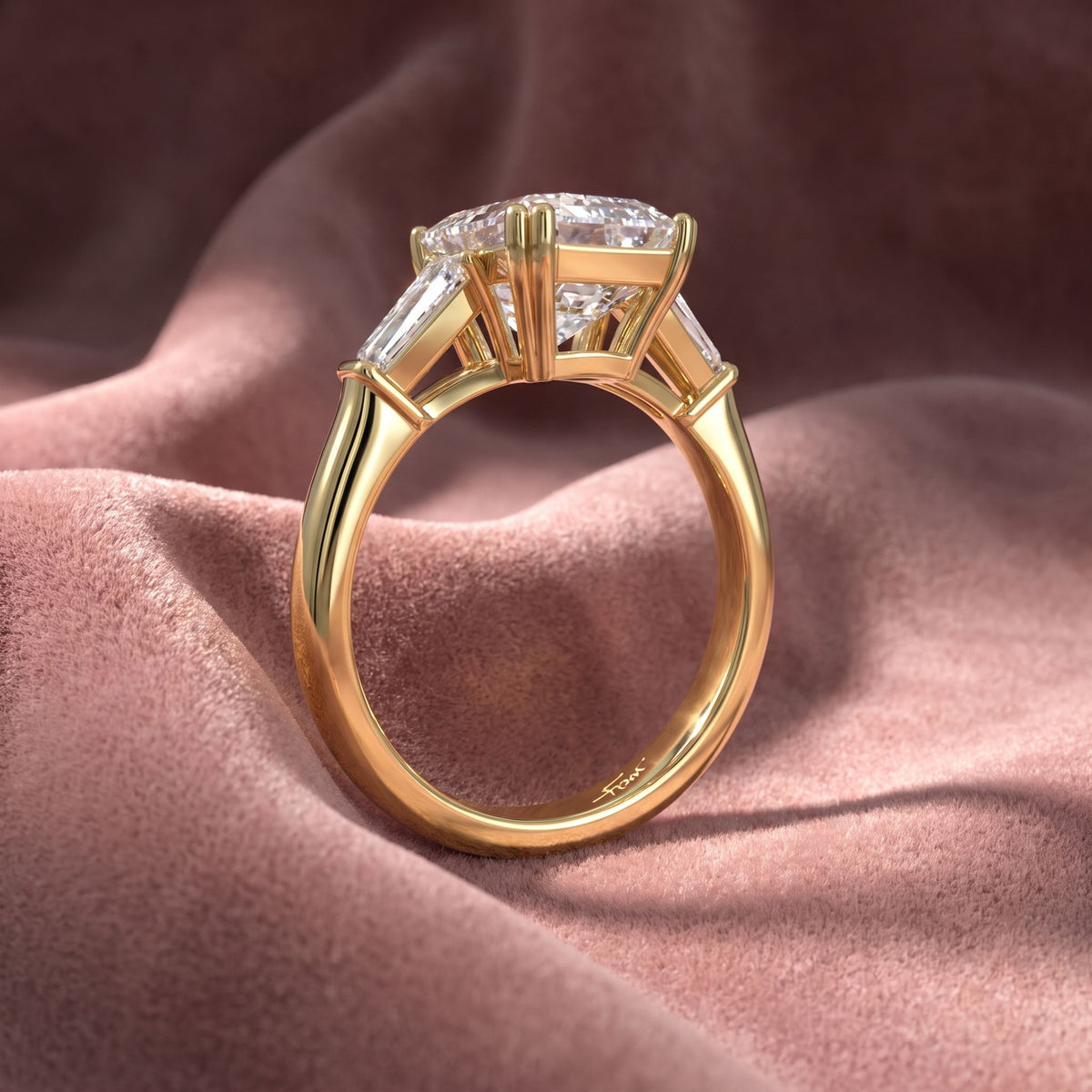 18K Trilogy Emerald-Cut Diamond Ring — AI cloth, in-house