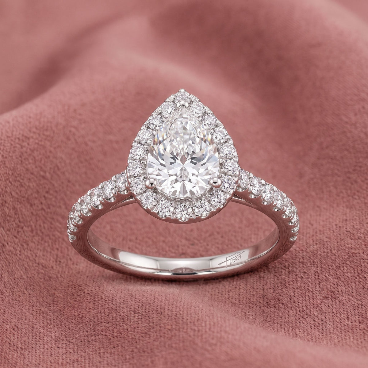 18K Halo Pear Diamond Ring — AI cloth, in-house