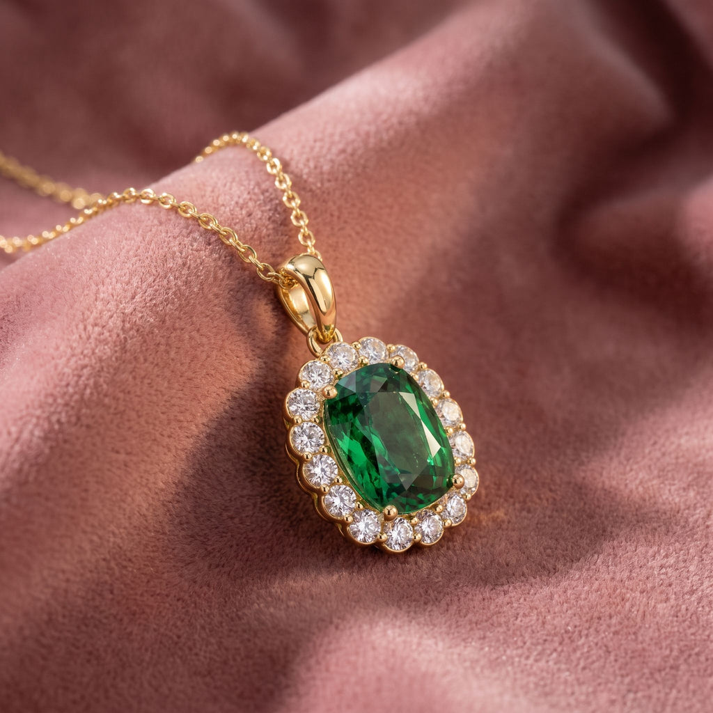 18K Halo Solitaire Emerald Diamond Pendant — AI cloth, in-house