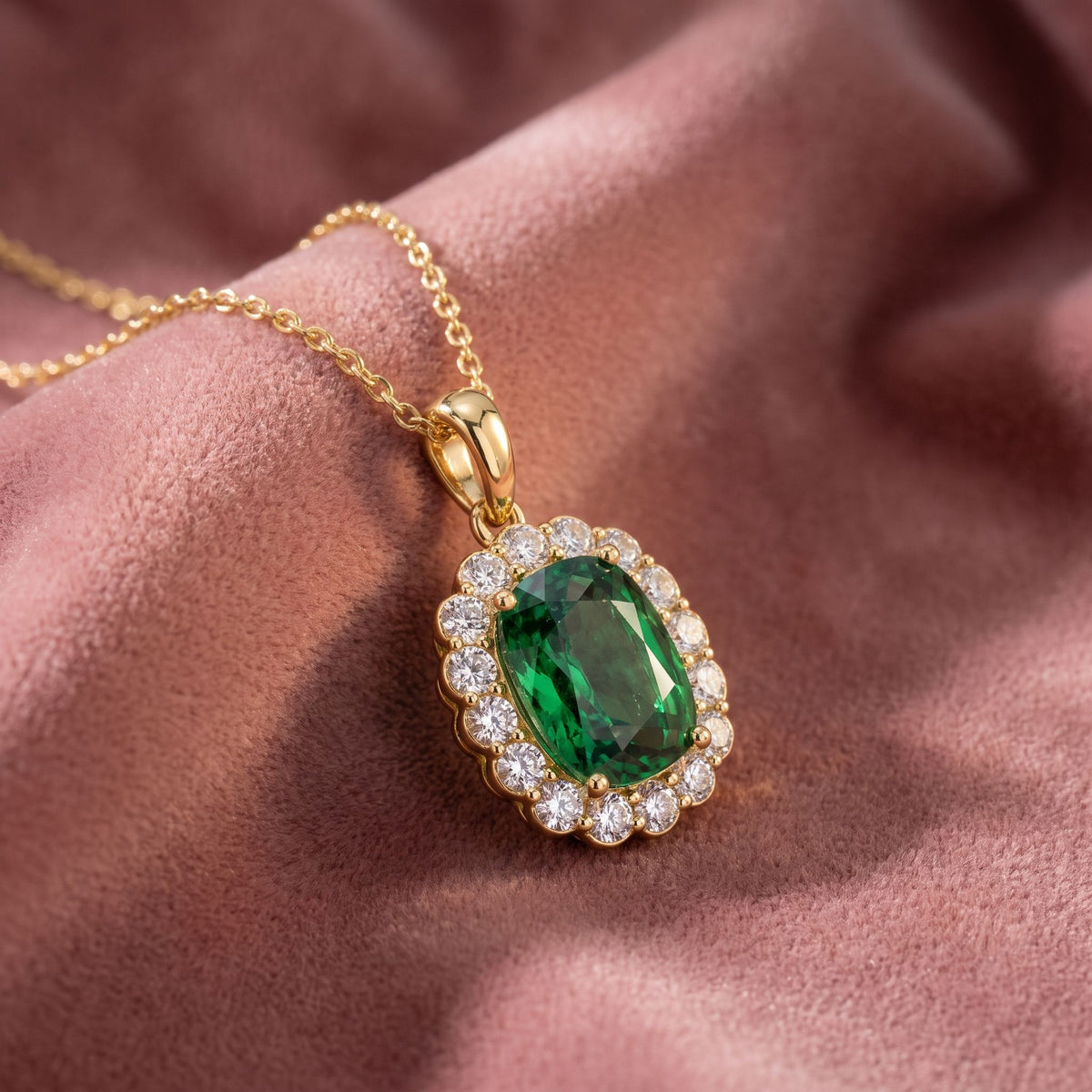 18K Halo Solitaire Emerald Diamond Pendant — AI cloth, in-house