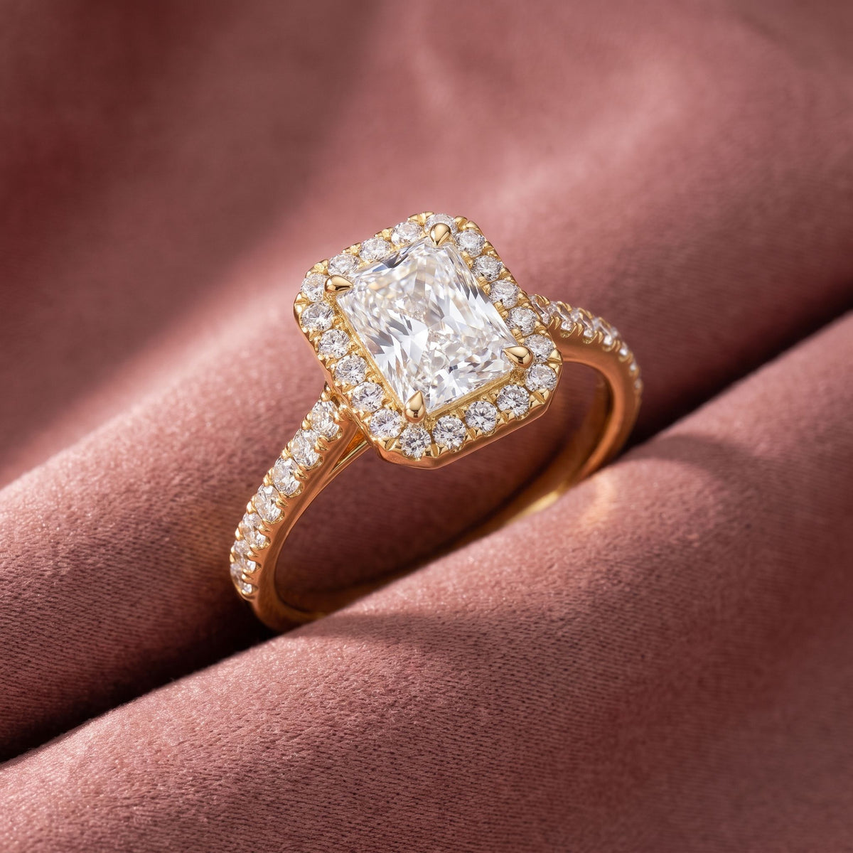 18K Halo Emerald-Cut Diamond Ring — AI cloth, in-house