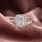 18K Halo Emerald-Cut Diamond Ring — AI cloth, in-house