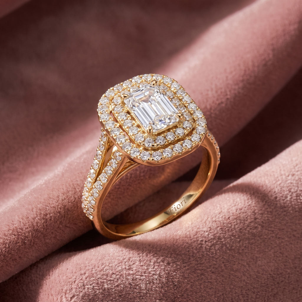 18K Halo Emerald Diamond Ring — AI cloth, in-house