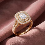 18K Halo Emerald Diamond Ring — AI cloth, in-house
