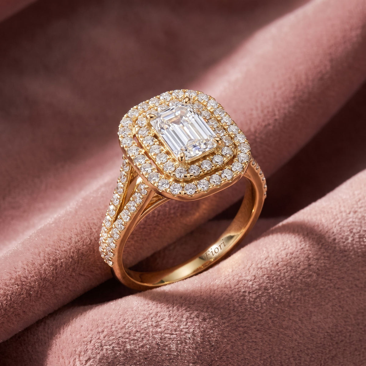 18K Halo Emerald Diamond Ring — AI cloth, in-house
