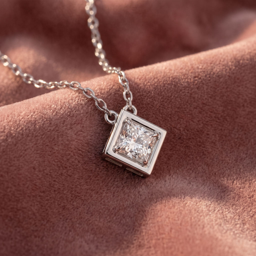 18K Solitaire Princess Diamond Pendant — AI cloth, in-house