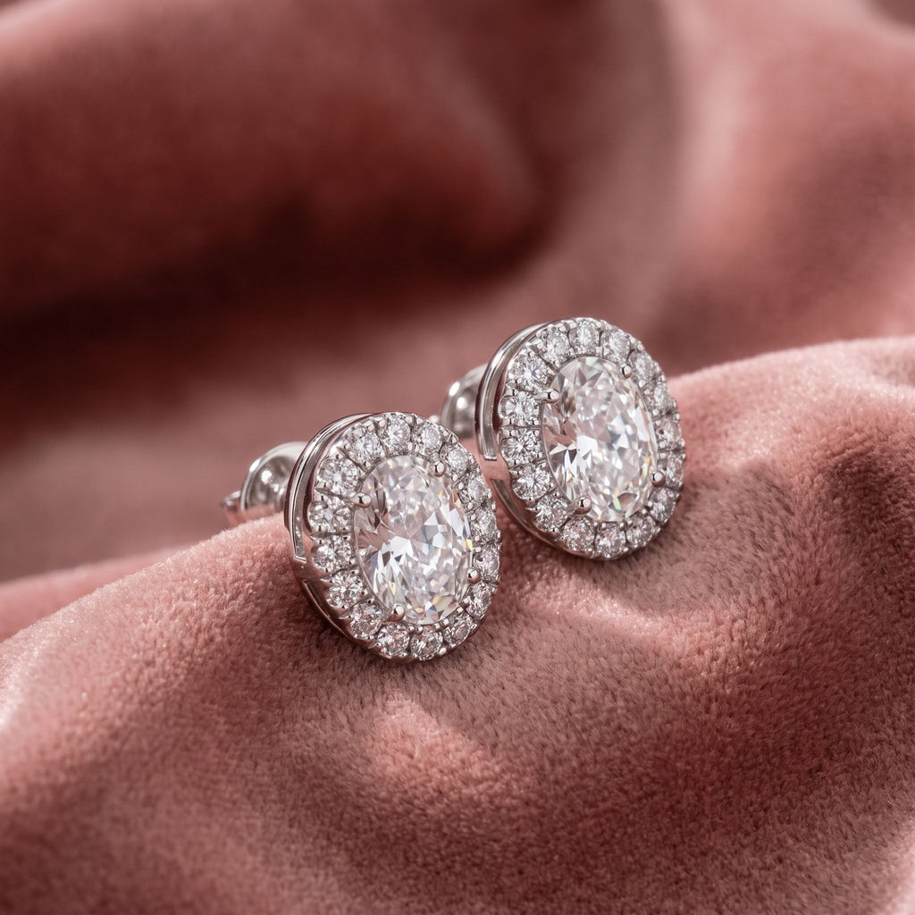 18K Round Halo Diamond Earrings — AI cloth, in-house