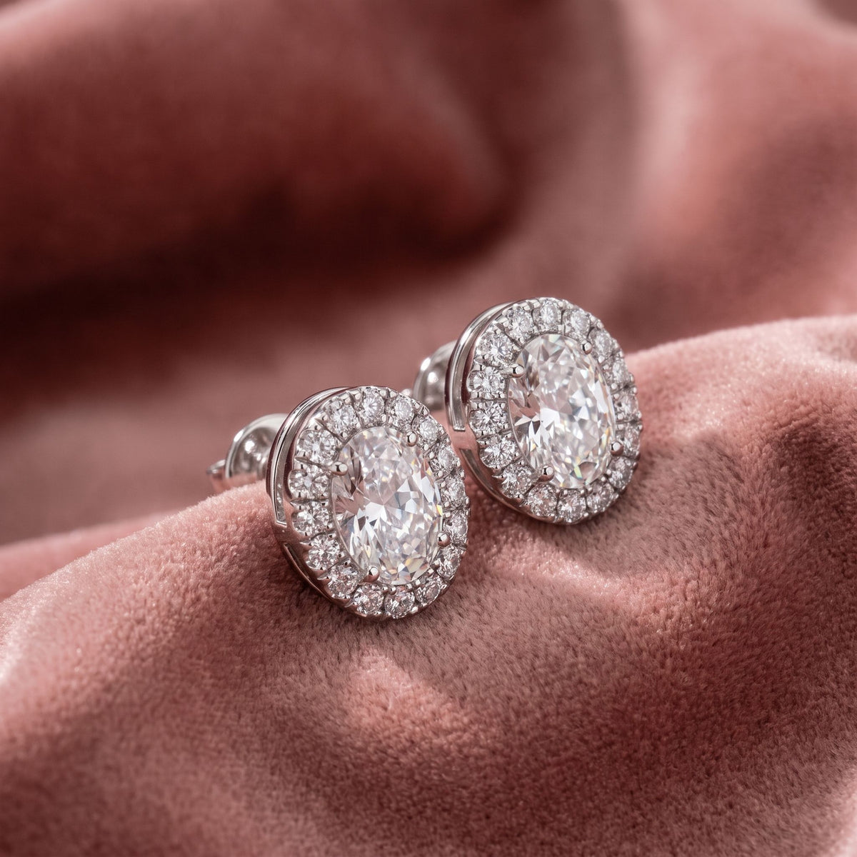 18K Round Halo Diamond Earrings — AI cloth, in-house