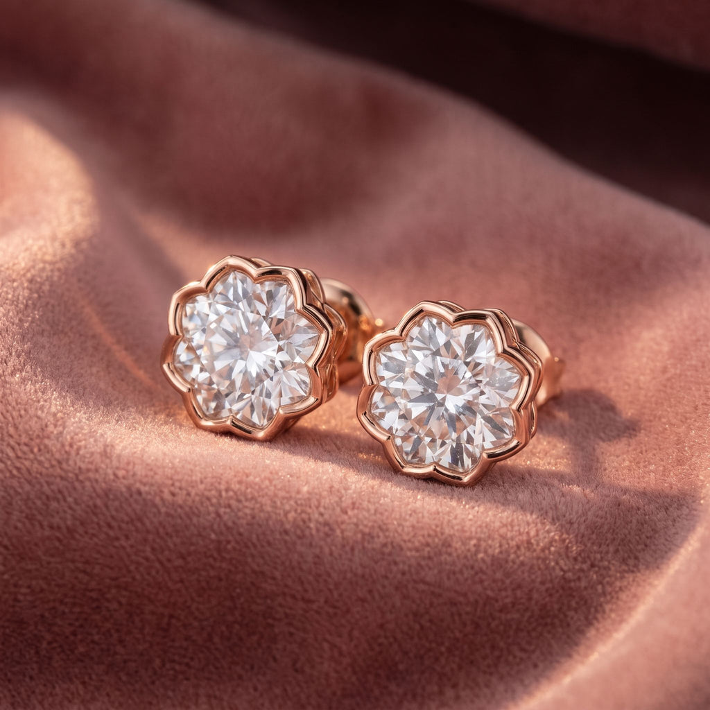 18K Floral Halo Diamond Earrings — AI cloth, in-house