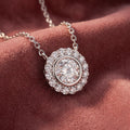 18K Solitaire Halo Round Diamond Pendant — AI cloth, in-house