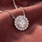 18K Solitaire Halo Round Diamond Pendant — AI cloth, in-house