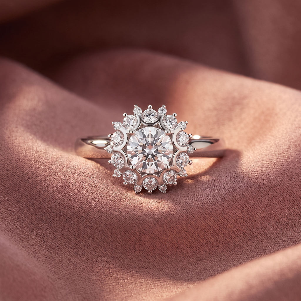 18K Halo Round Diamond Engagement Ring — AI cloth, in-house