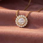 18K Solitaire Halo Round Diamond Pendant — AI cloth, in-house