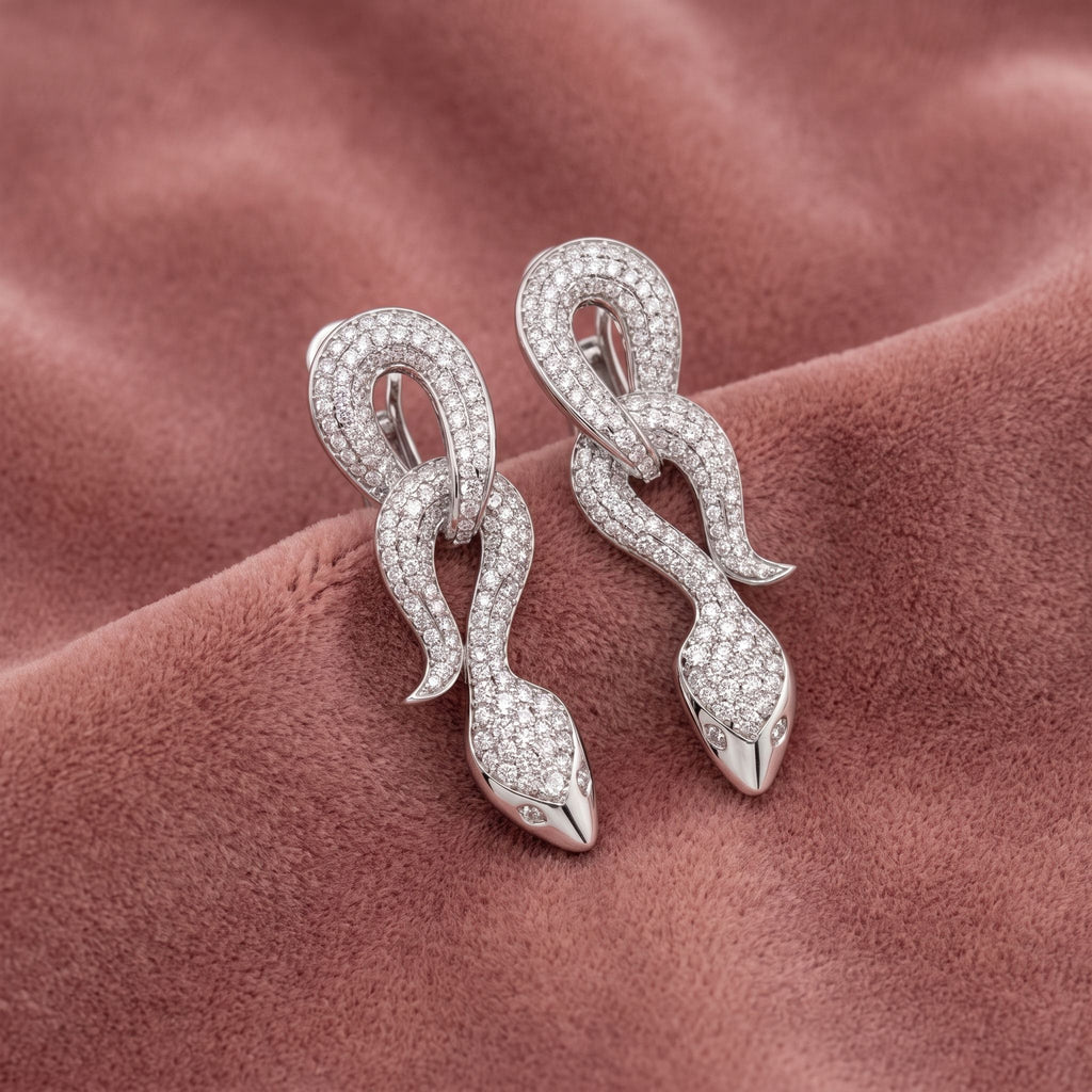 18K Snake Drop Bespoke Diamond Earrings — AI cloth, in-house