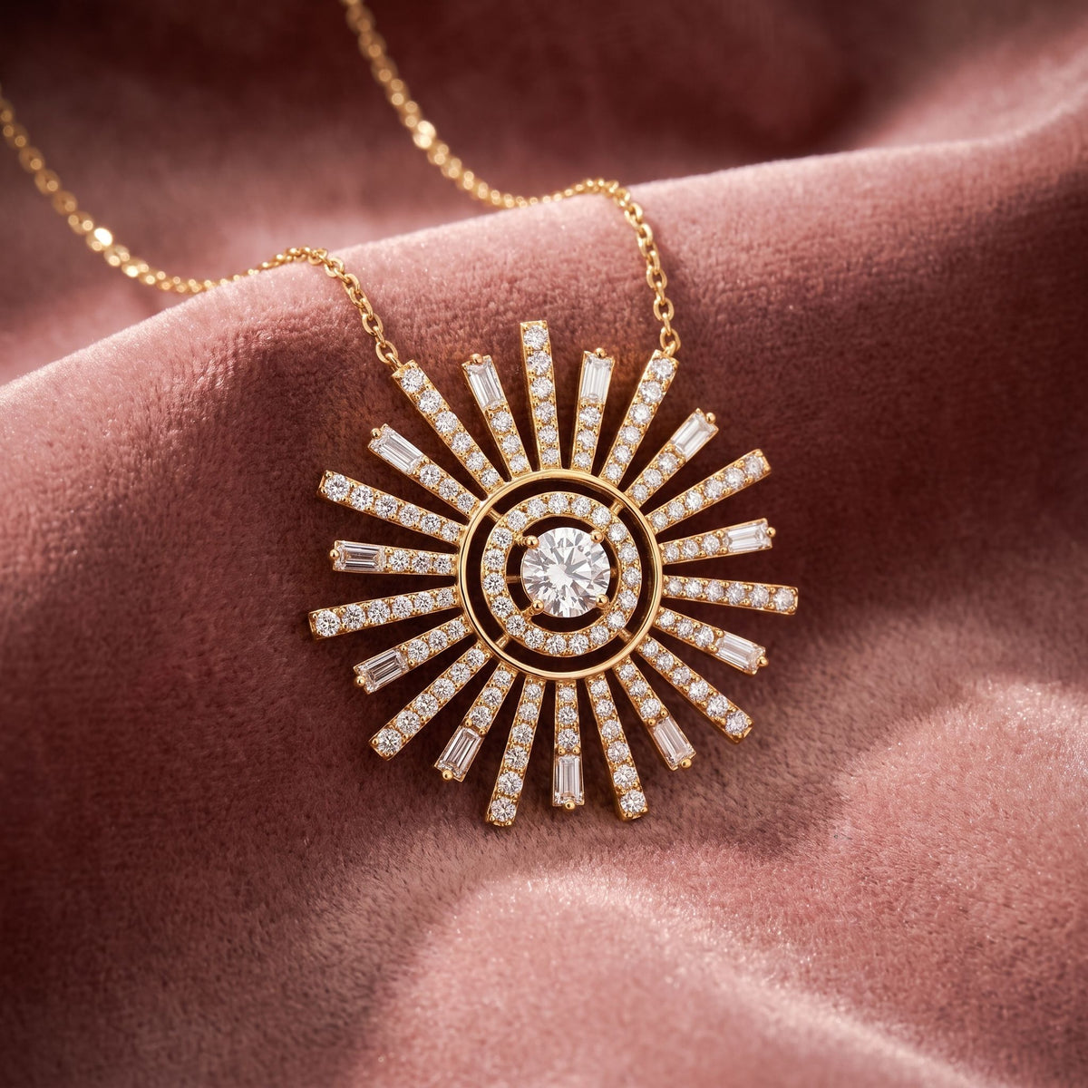 18K Sunburst Diamond Pendant — AI cloth, in-house
