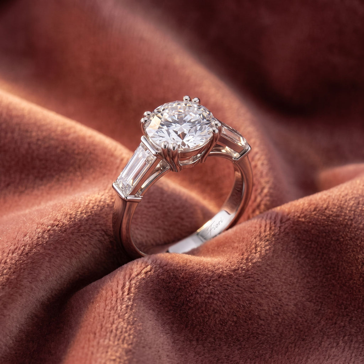 18K Trilogy Round Diamond Engagement Ring — AI cloth, in-house