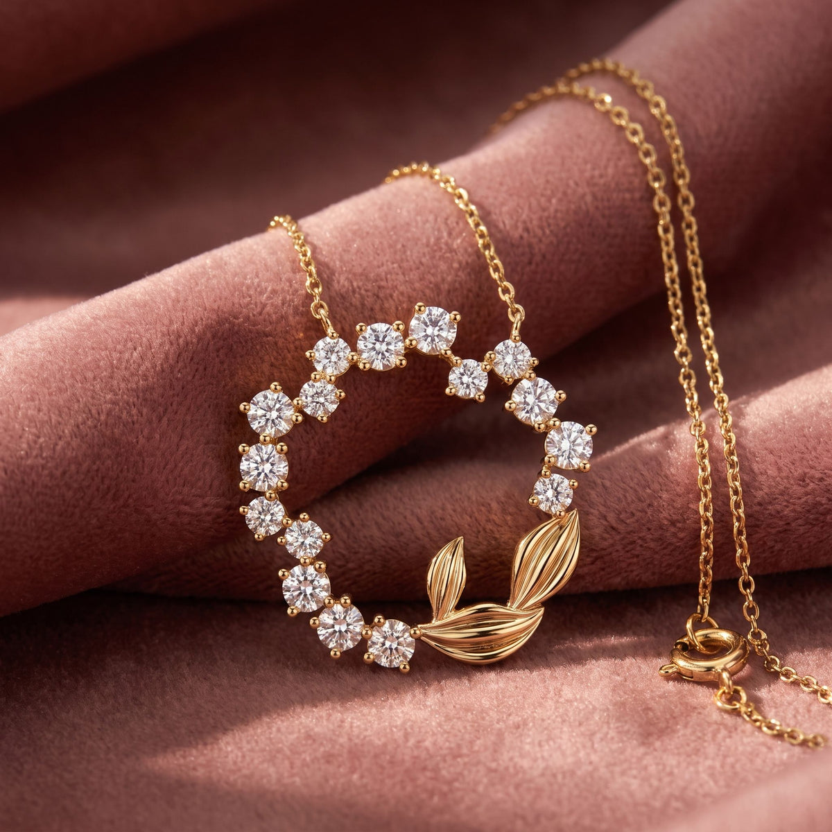 18K Wreath Leaf Round Diamond Pendant — AI cloth, in-house