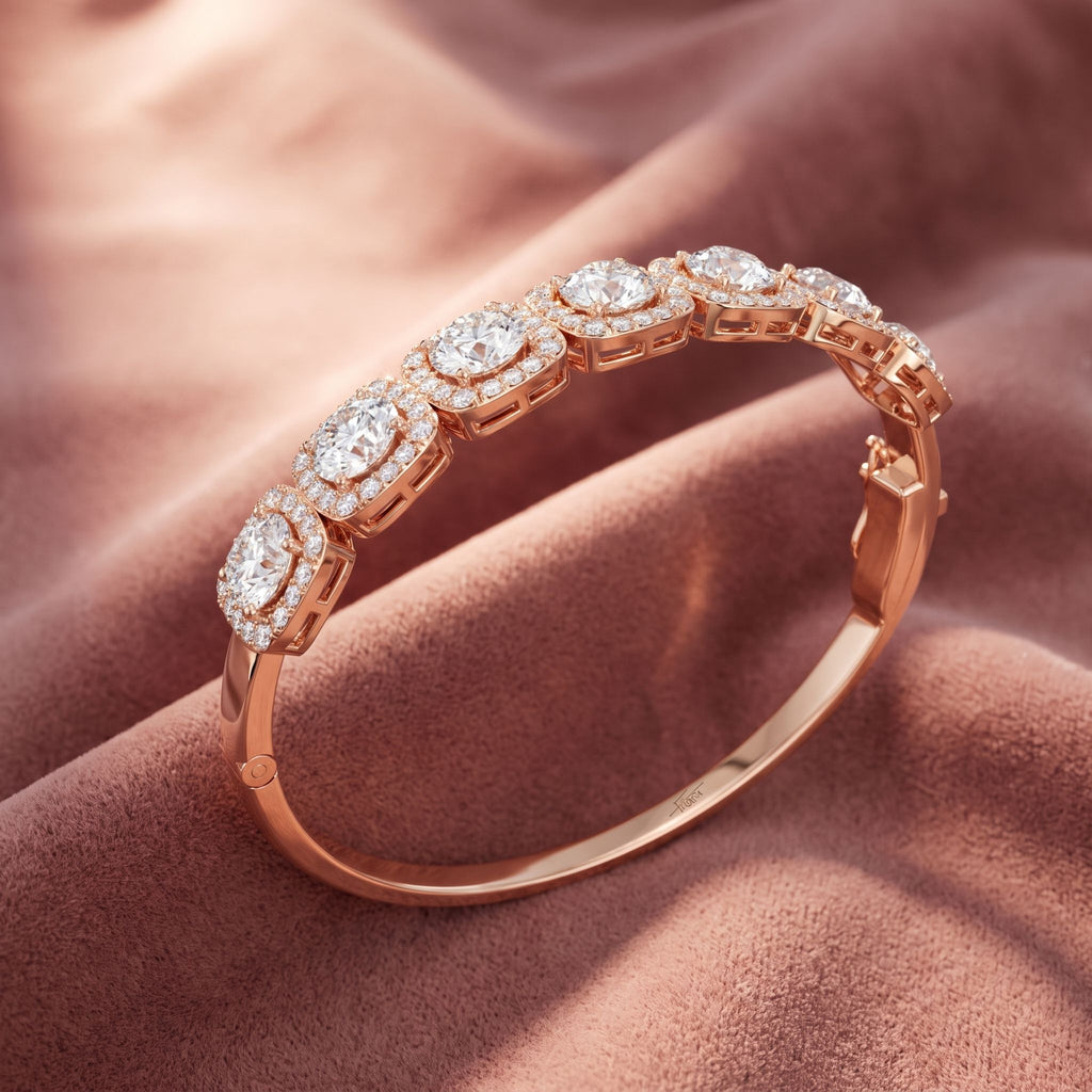 18K Halo Round Diamond Bangle — AI cloth, in-house