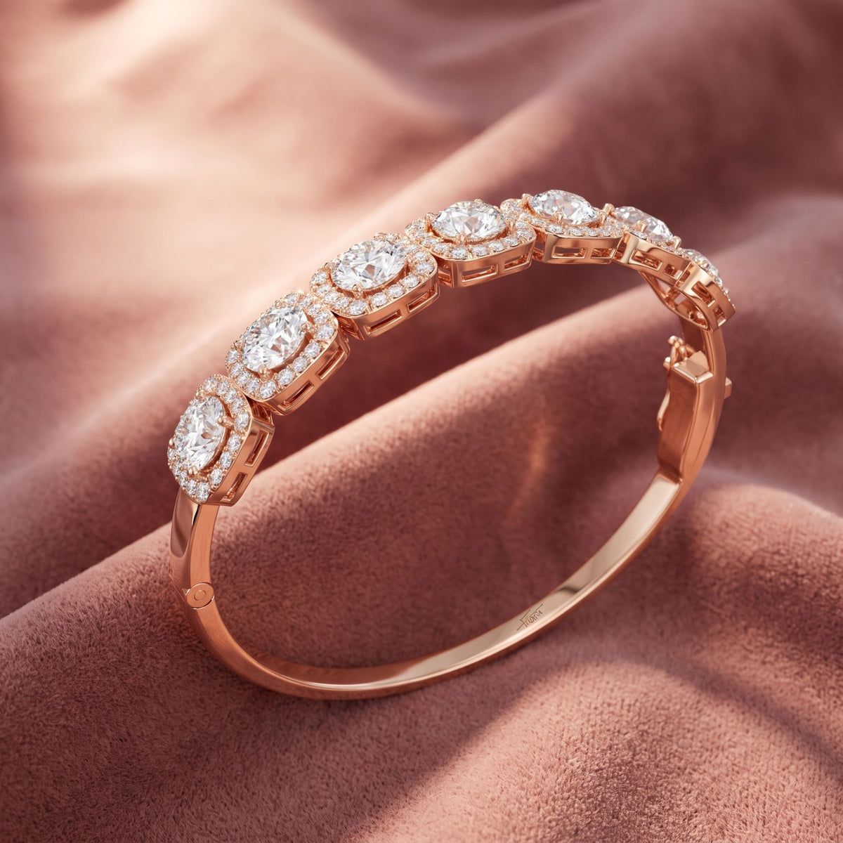 18K Halo Round Diamond Bangle — AI cloth, in-house